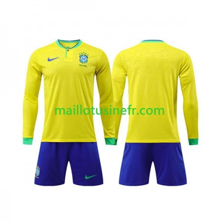 Maillot de Foot Brésil Domicile Coupe du monde 2022 Manches Longues - Enfant